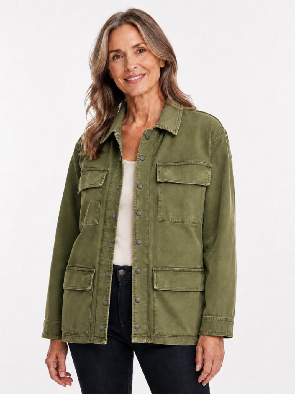 Good American Olive Green Utility Field Jacket Snap Front 4 Pocket Sz 2 Medium